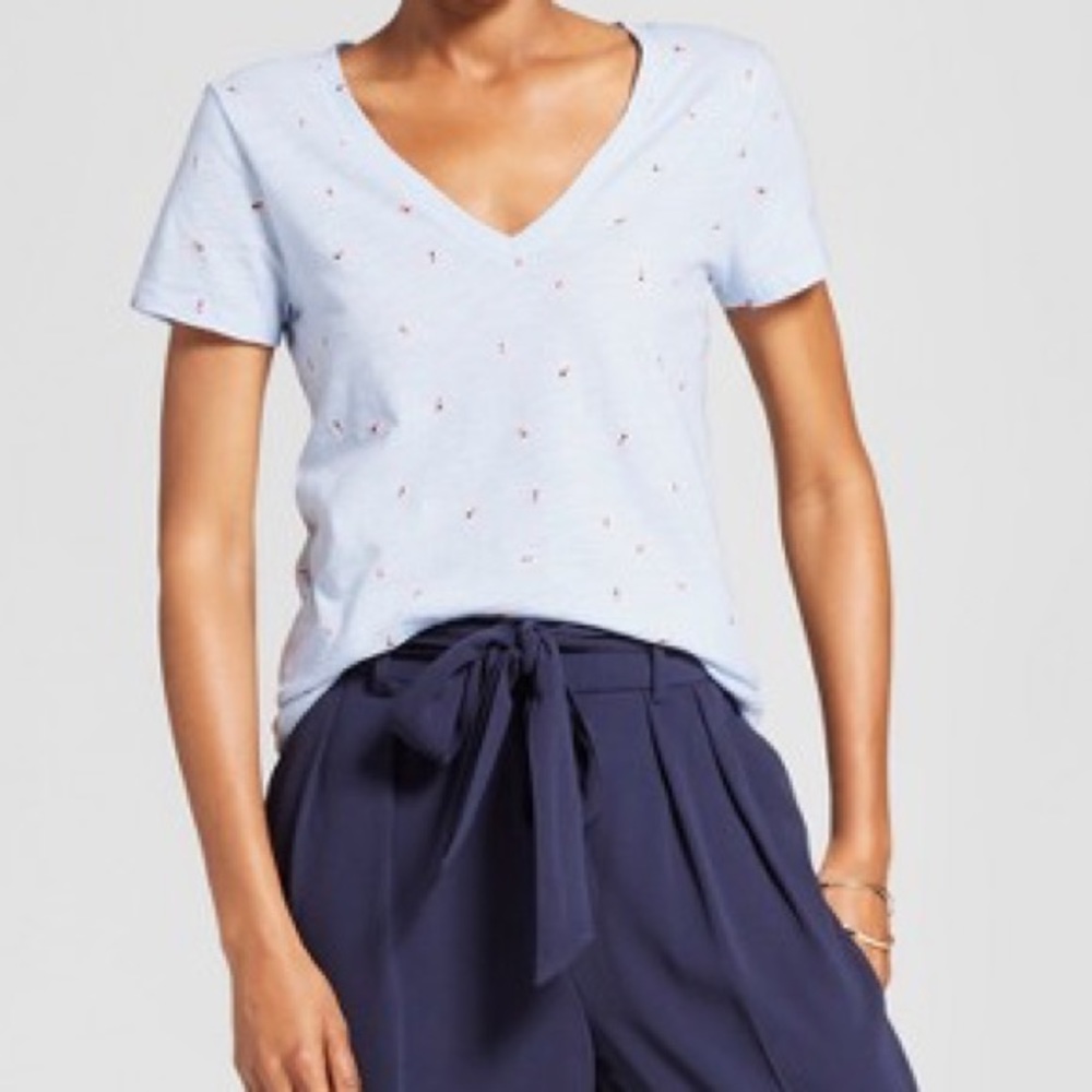 A New Day Light Blue Lady Bug V Neck Tee M